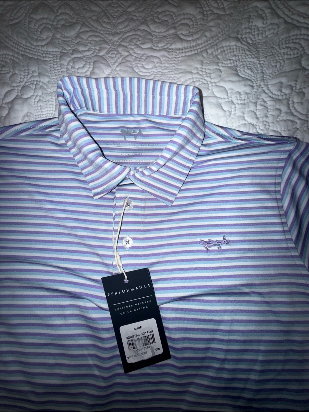 Striped Performance Polo Shirt in Lavender, Light Blue & White